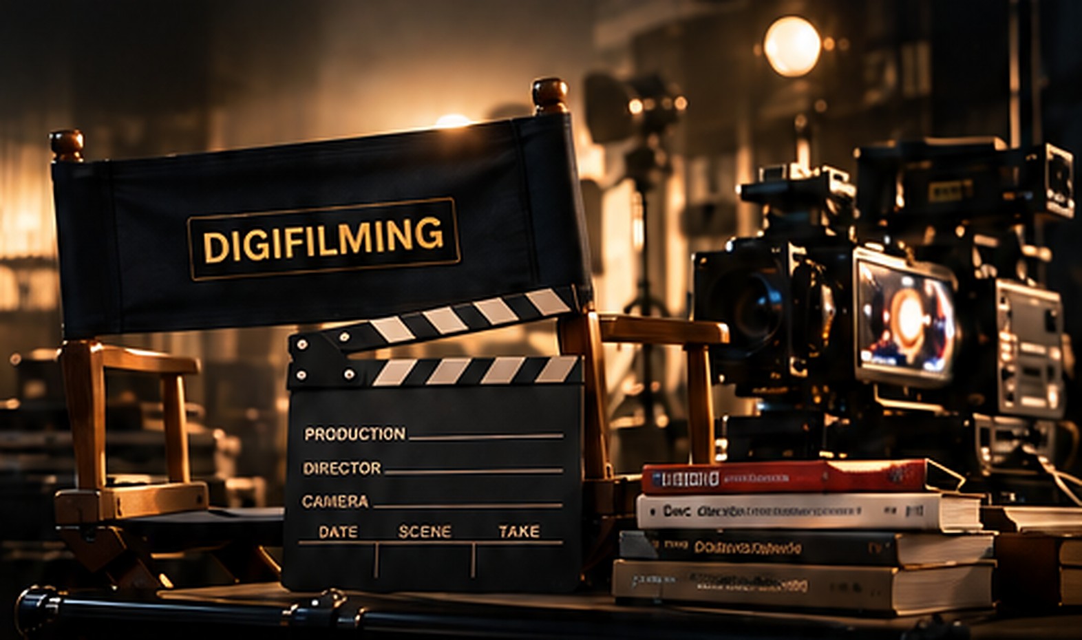 Director's chair, clapperboard and cinema camera